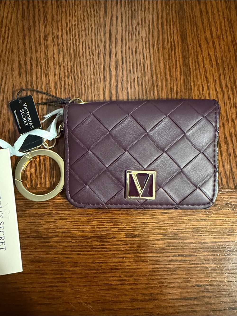 Victoria's Secret Quilted Card Holder Keyring - Plum with Gold Hardware